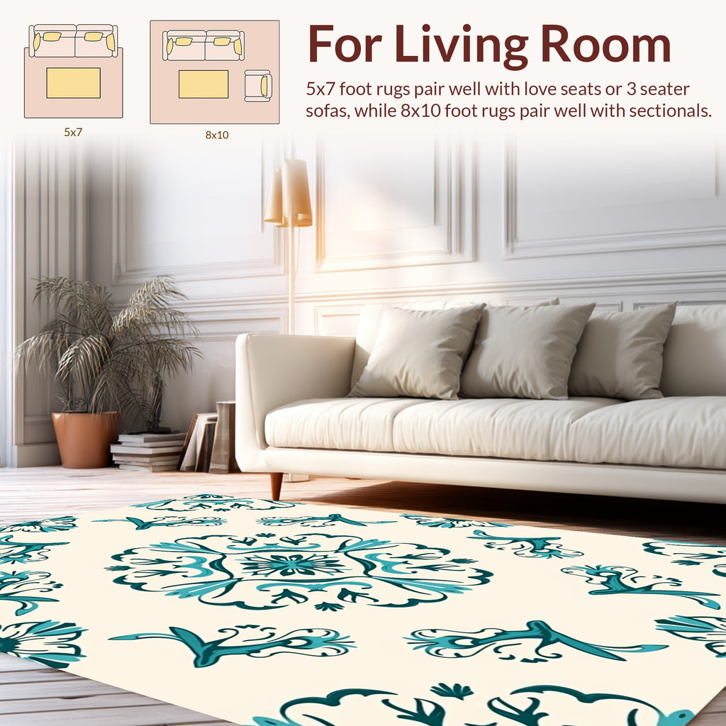 Teal And Cream Folk Art Pattern Rug