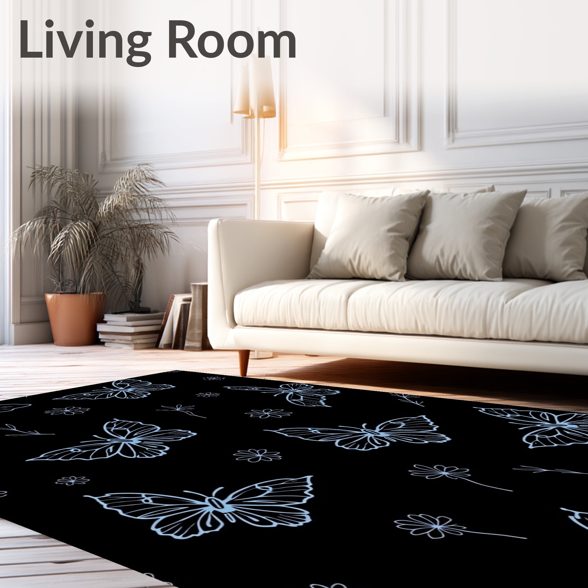 Light Blue Butterfly Meadow Illustration Rug