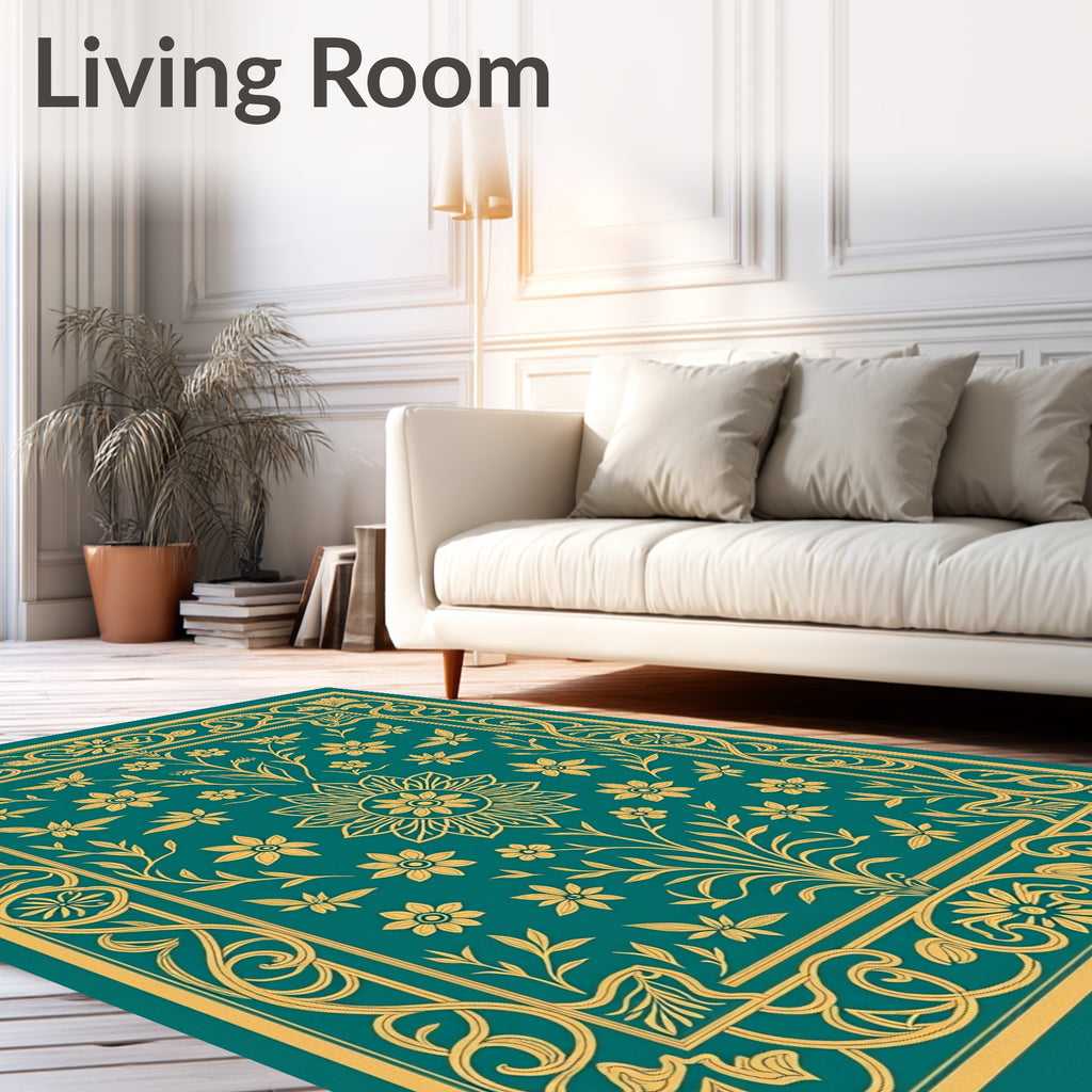 Teal Gold Floral Scroll Vintage Rug