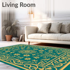 Teal Gold Floral Scroll Vintage Rug