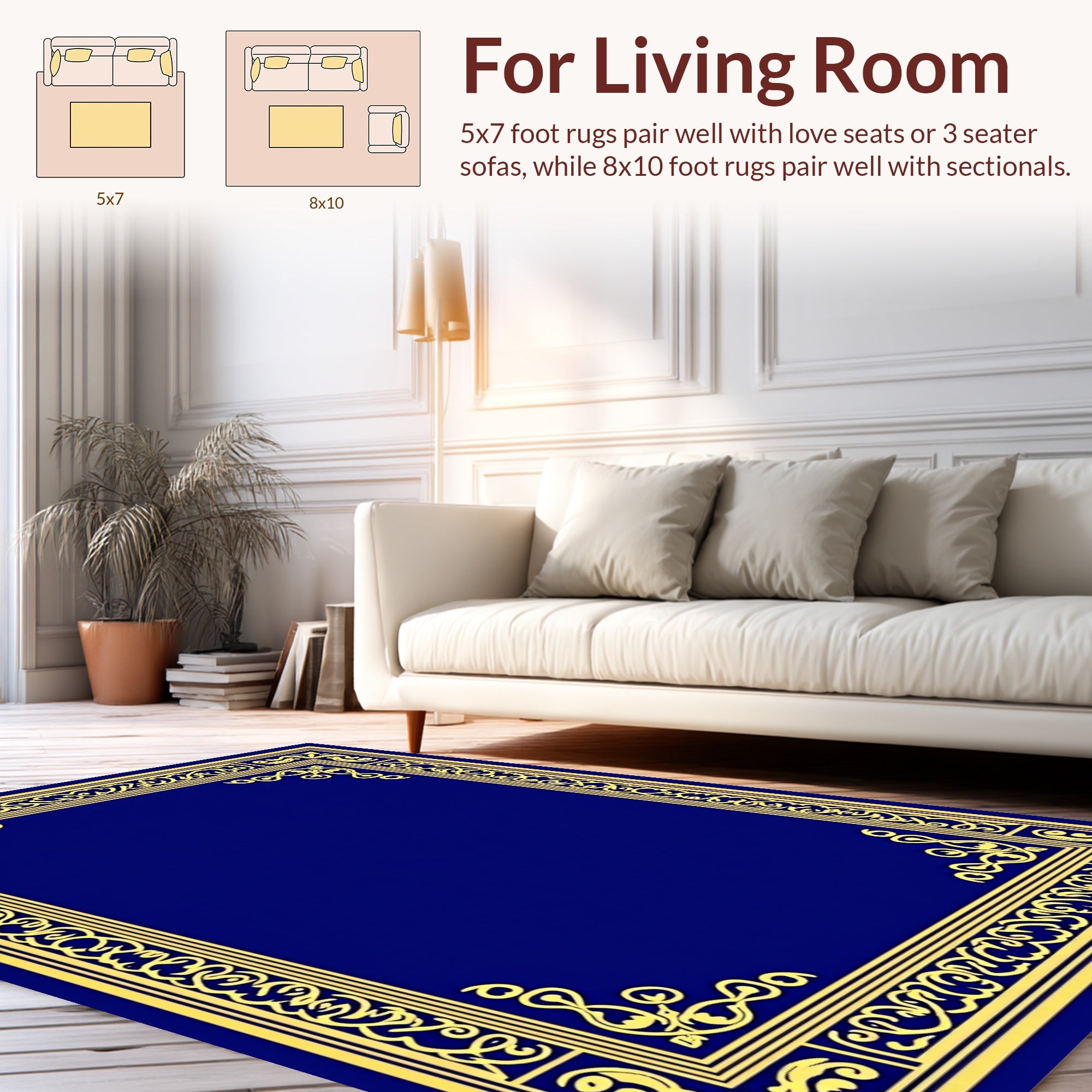 Ornate Golden Blue Border Design Rug