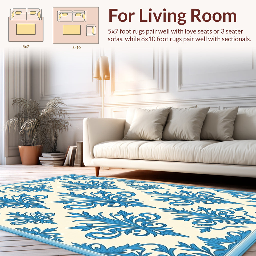 Elegant Blue Floral Damask Pattern Rug