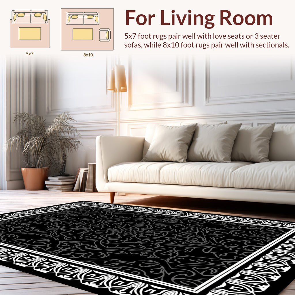 Black White Ornate Floral Design Rug