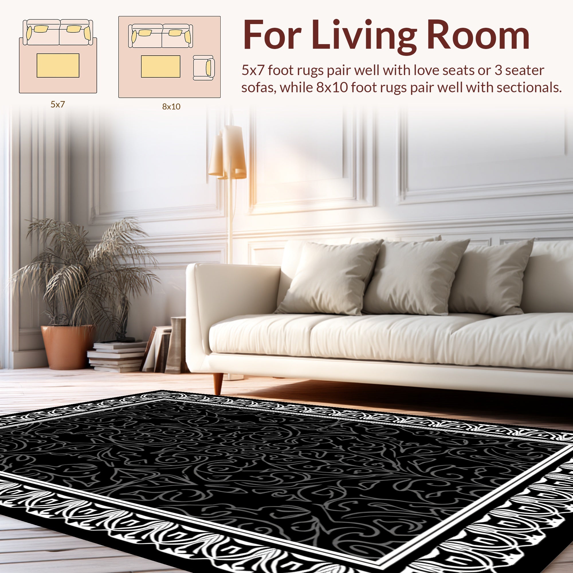 Black White Ornate Floral Design Rug