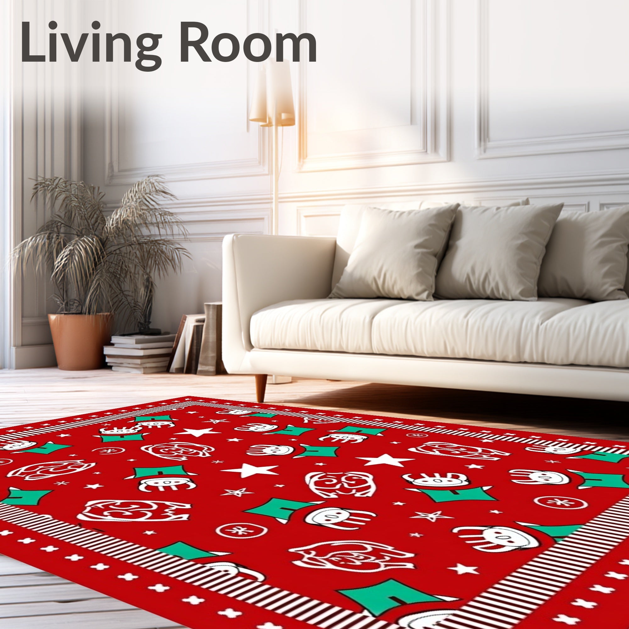 Festive Red Cartoon Character Stars Rug