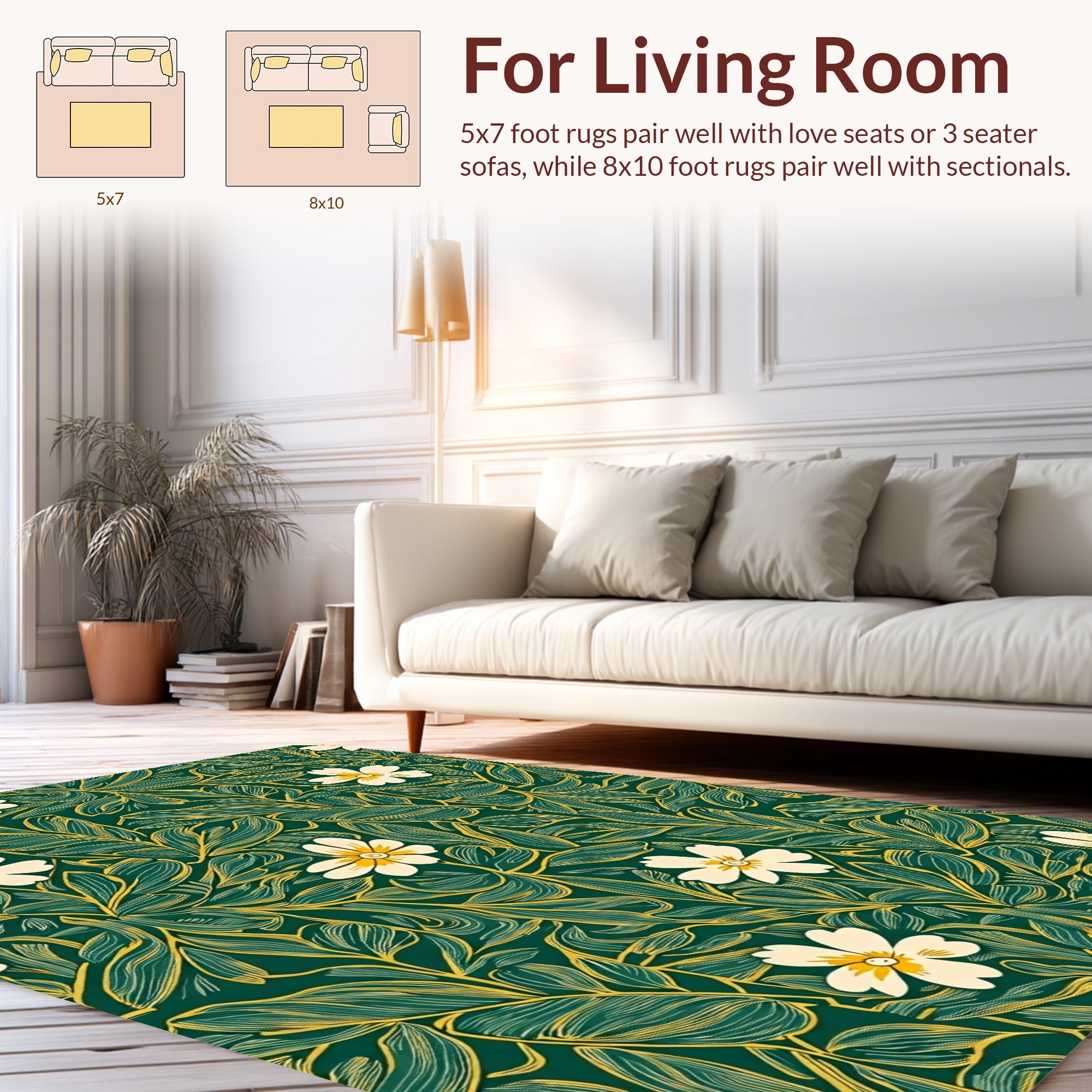 Botanical Floral Emerald Leaf Pattern Rug