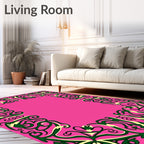 Vibrant Pink Green Floral Border Rug