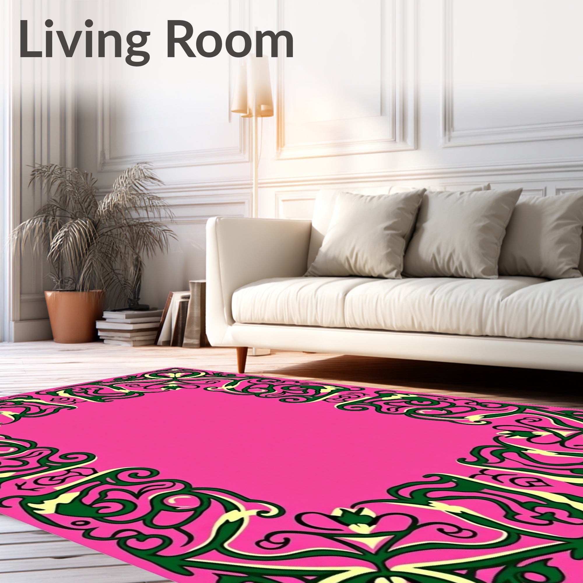 Vibrant Pink Green Floral Border Rug