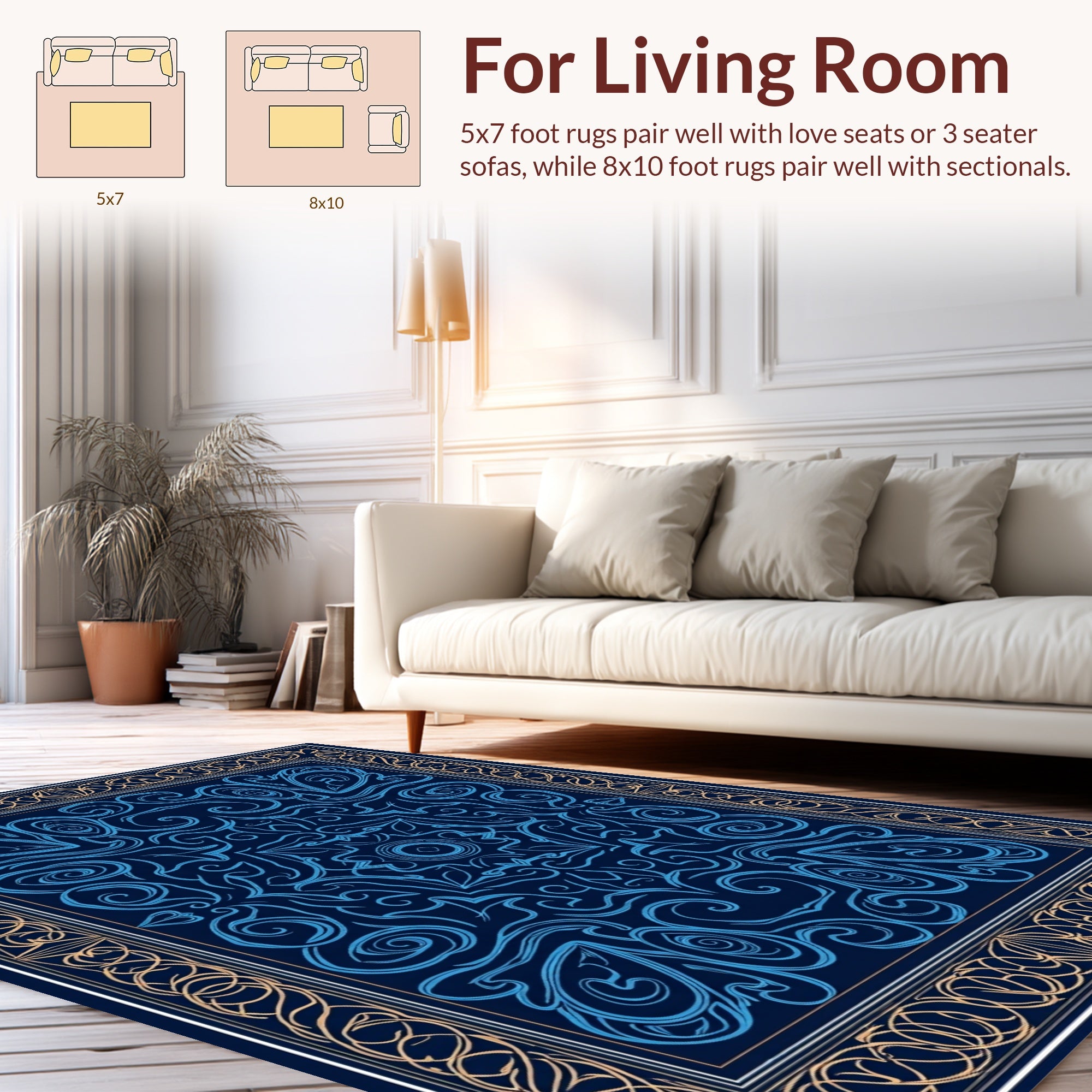 Deep Blue Ornate Floral Medallion Pattern Rug