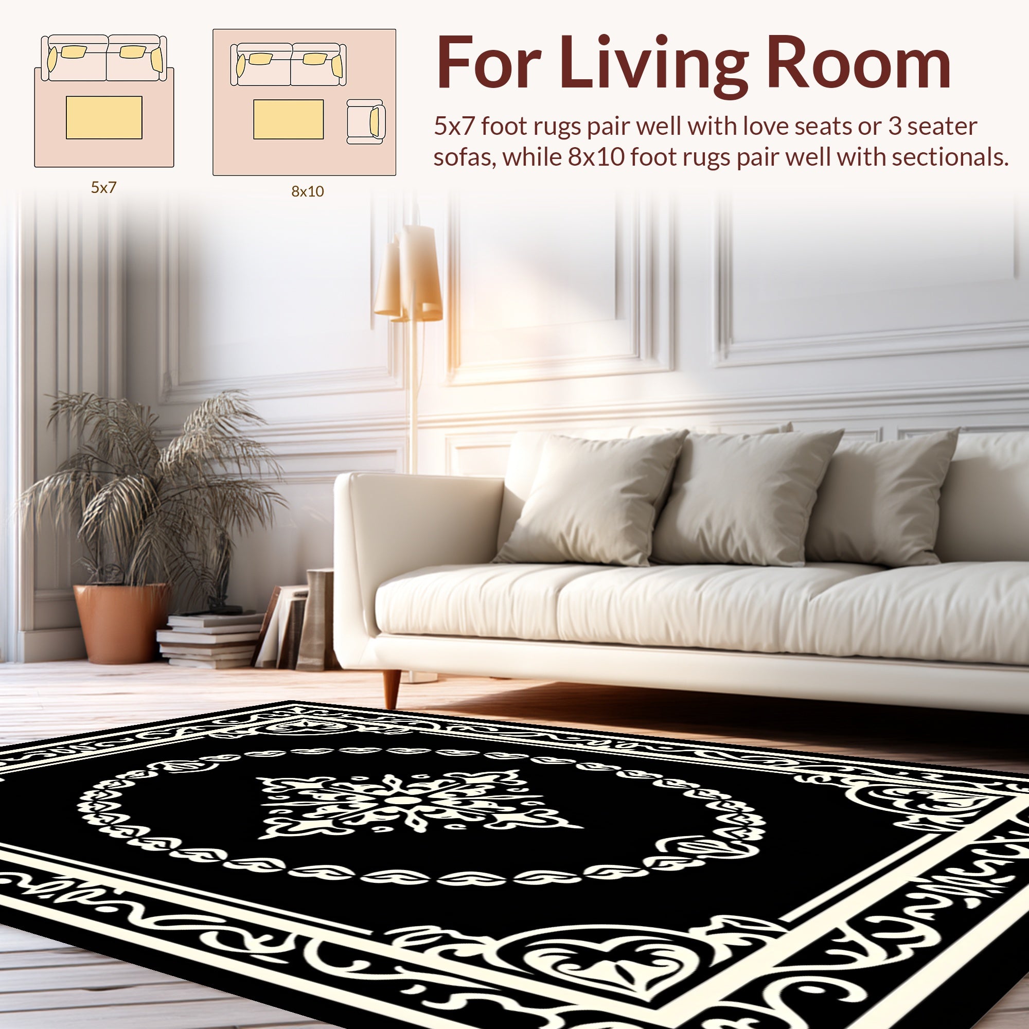 Elegant Black Ivory Classic Floral Design Rug