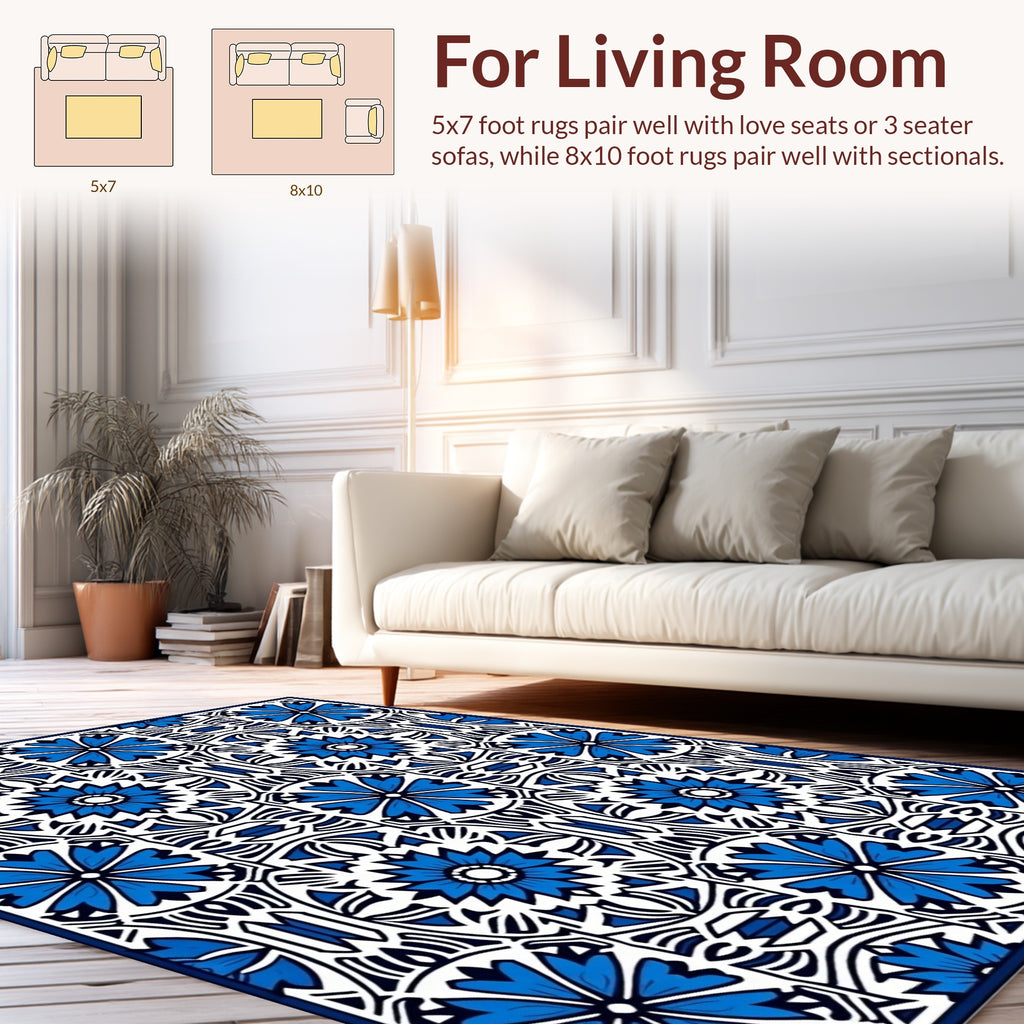 Blue Tiled Floral Geometric Pattern Rug