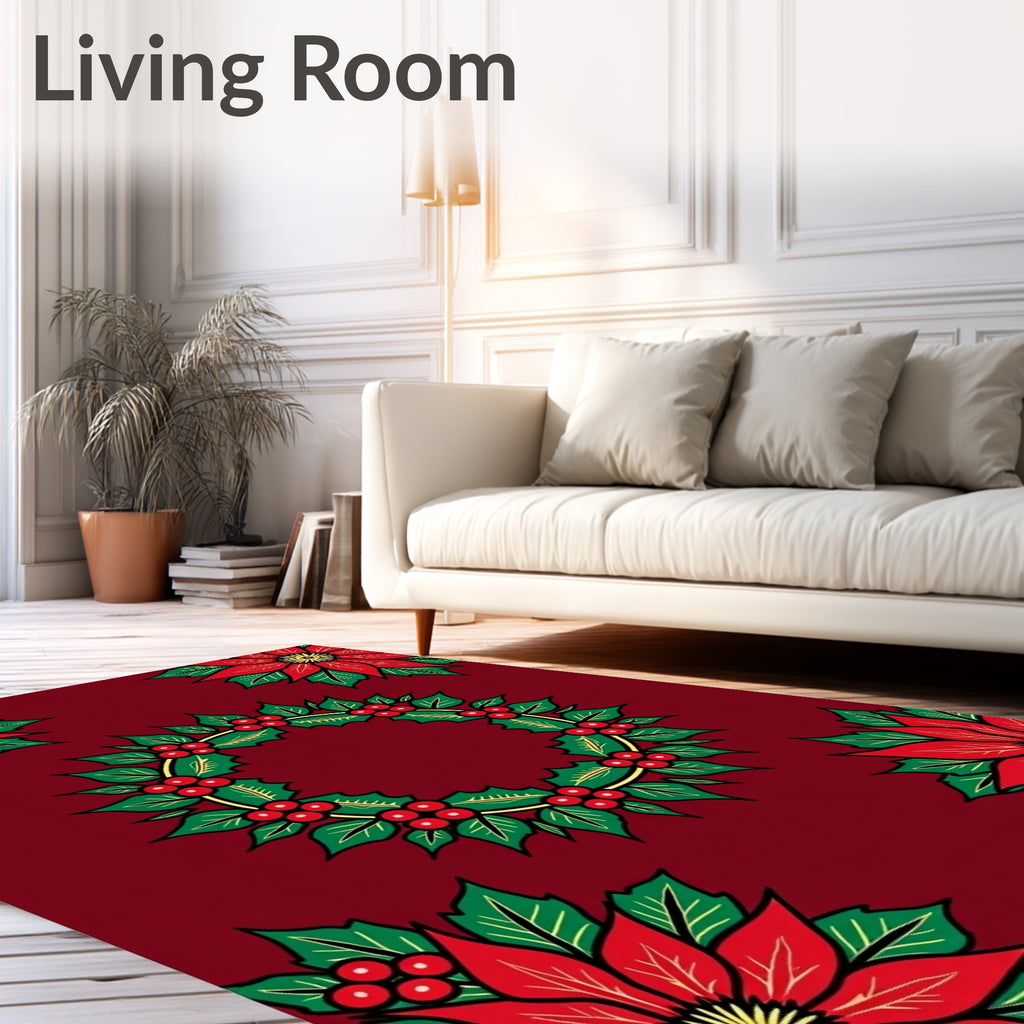 Red Poinsettia Holly Wreath Medallion Rug