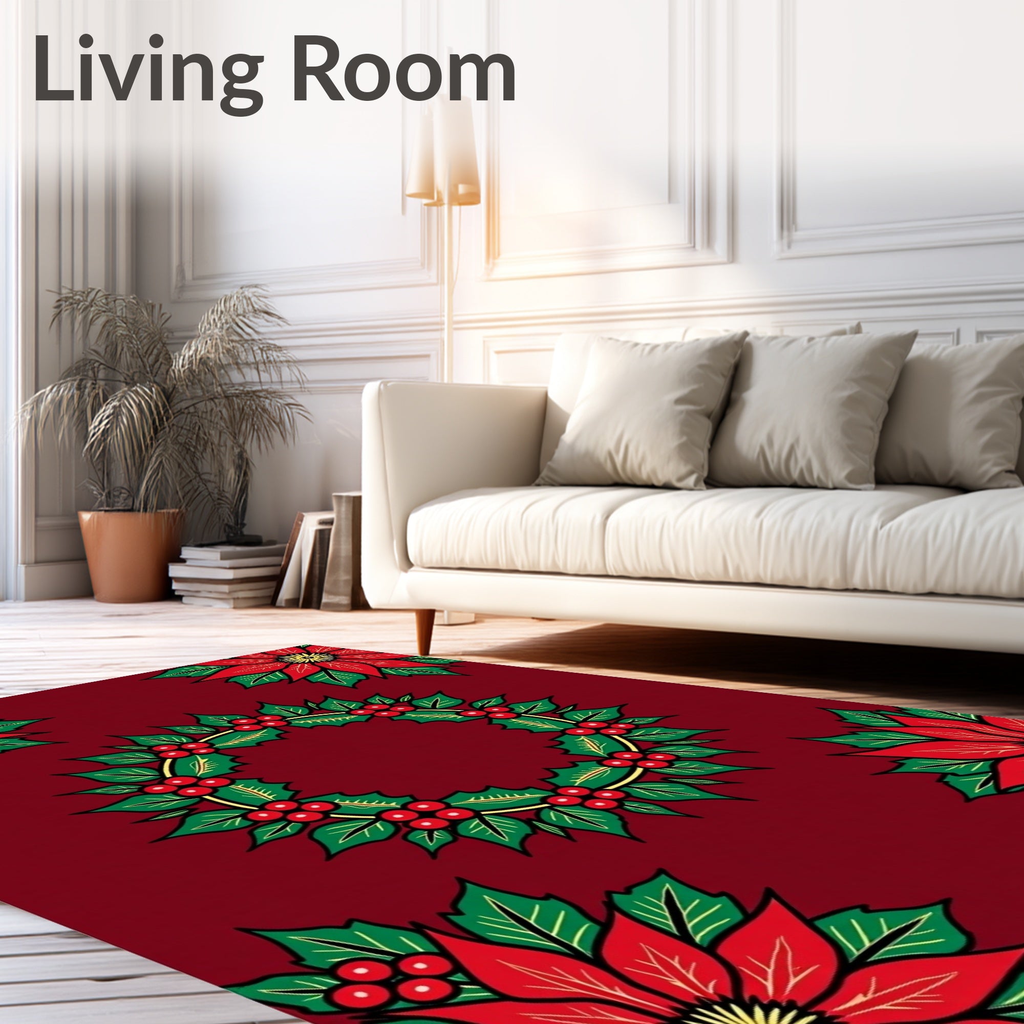 Red Poinsettia Holly Wreath Medallion Rug