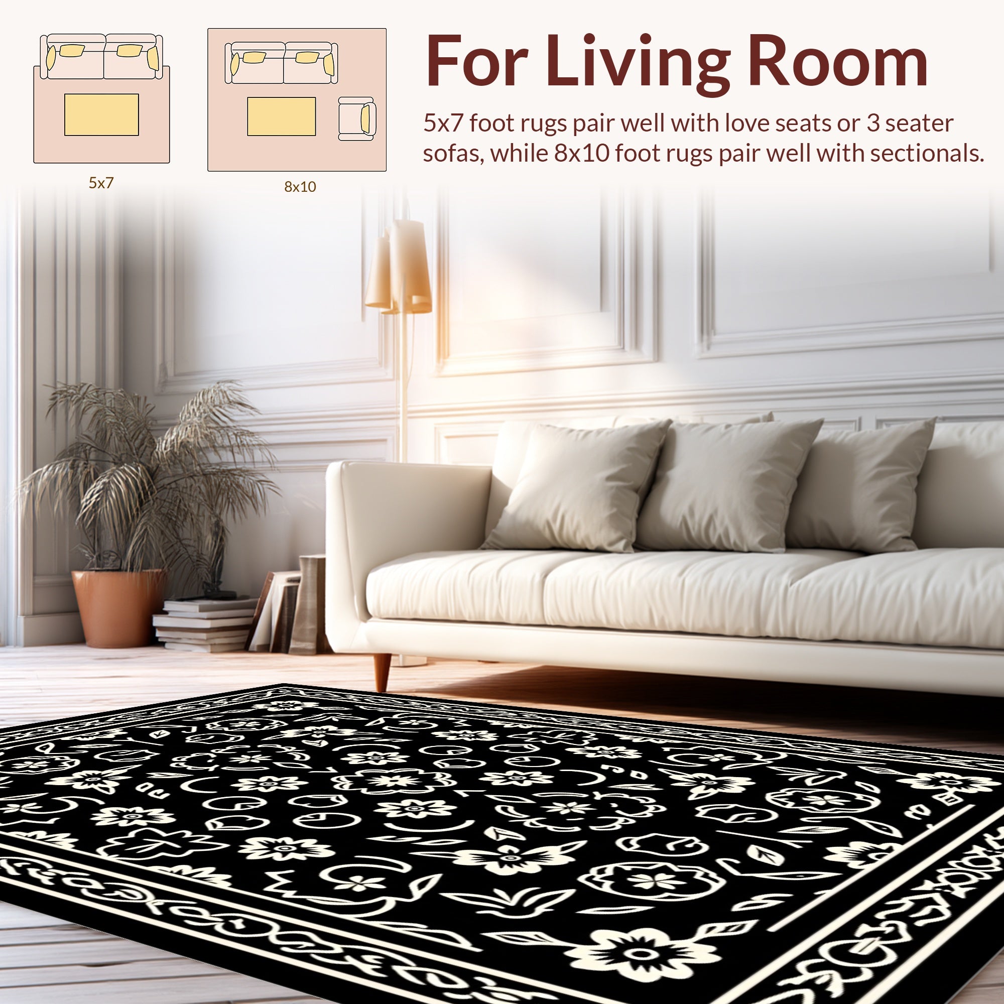 Elegant Black Floral Symmetry Rug