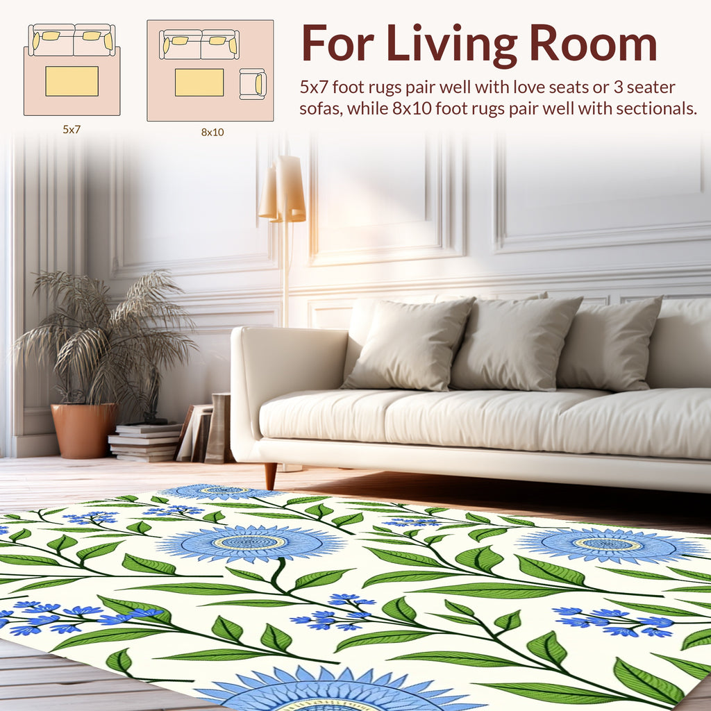 Blue Botanical Floral Pattern Rug