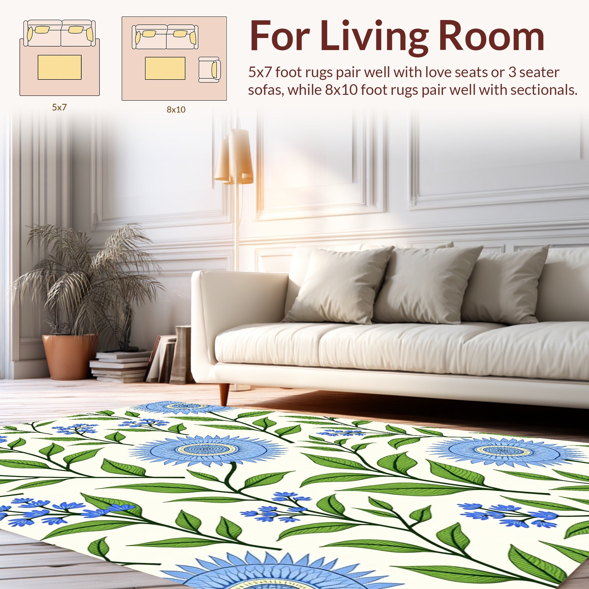 Blue Botanical Floral Pattern Rug