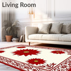 Deep Red Floral Border Cream Rug