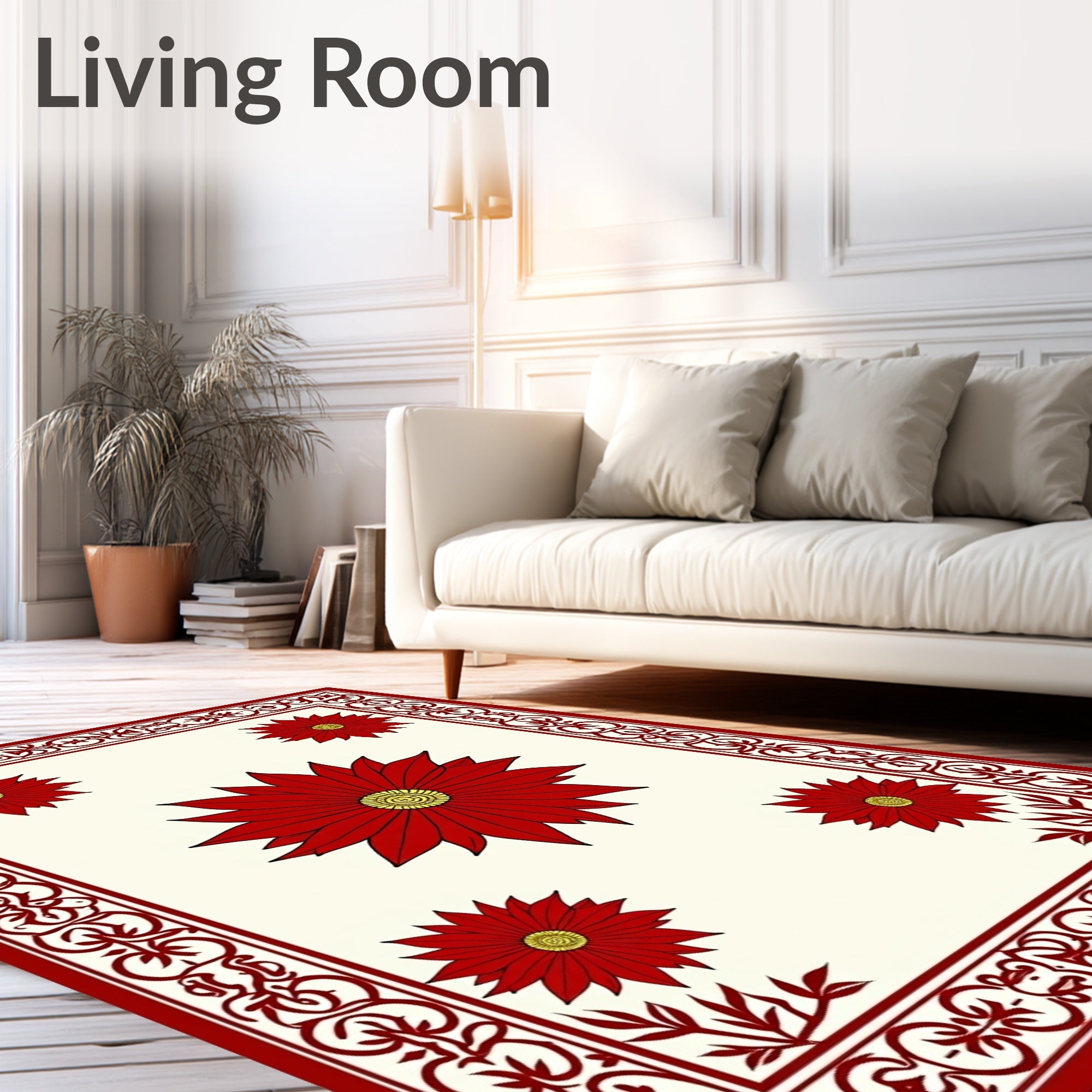 Deep Red Floral Border Cream Rug