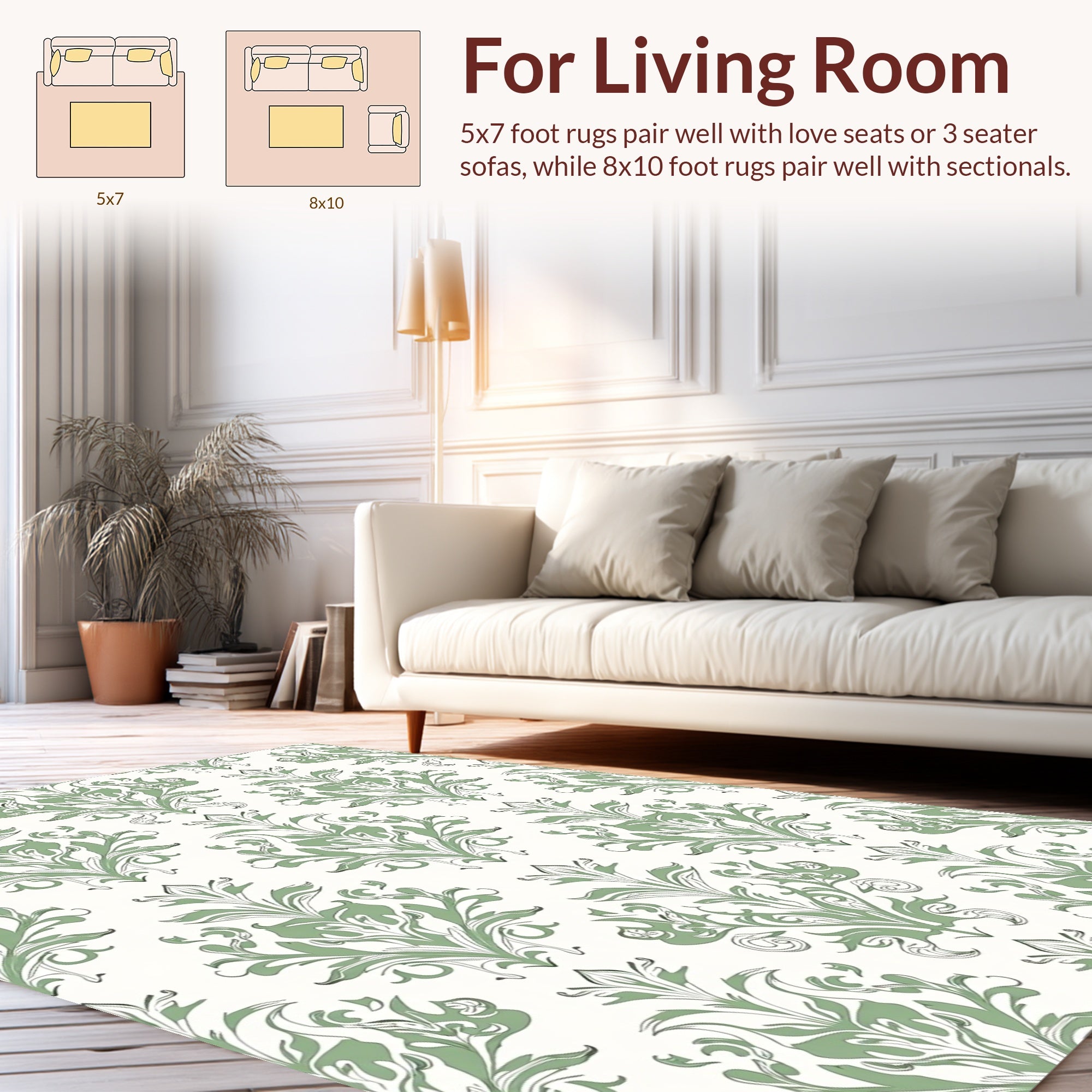 Elegant Sage Green Floral Damask Pattern Rug
