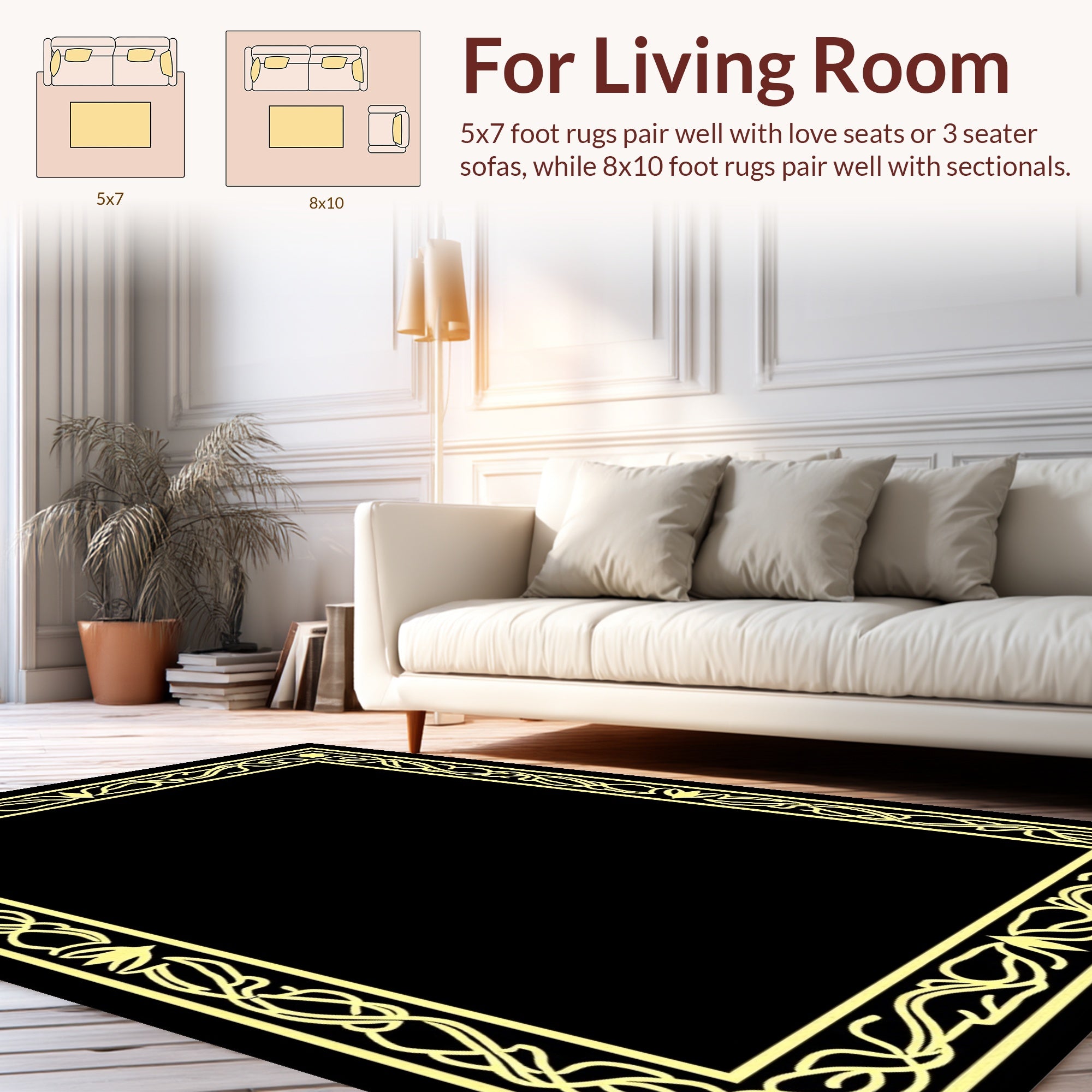 Golden Floral Scroll Frame Design Rug