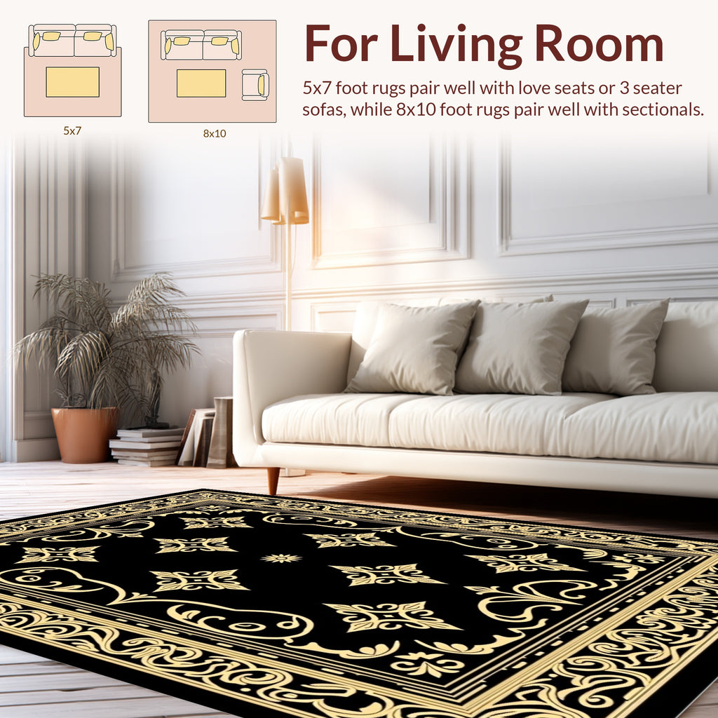 Black And Gold Intricate Floral Pattern Rug