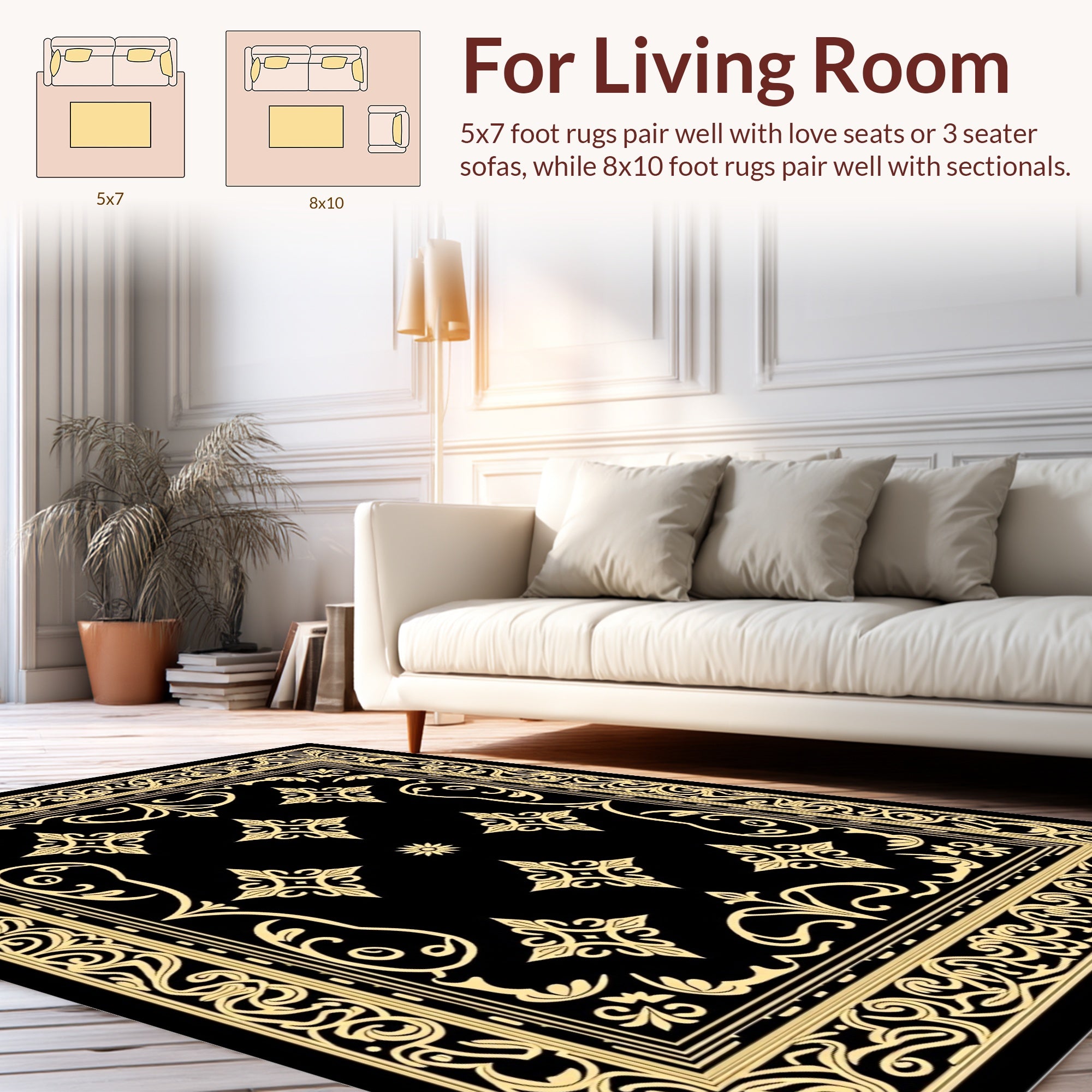 Black And Gold Intricate Floral Pattern Rug
