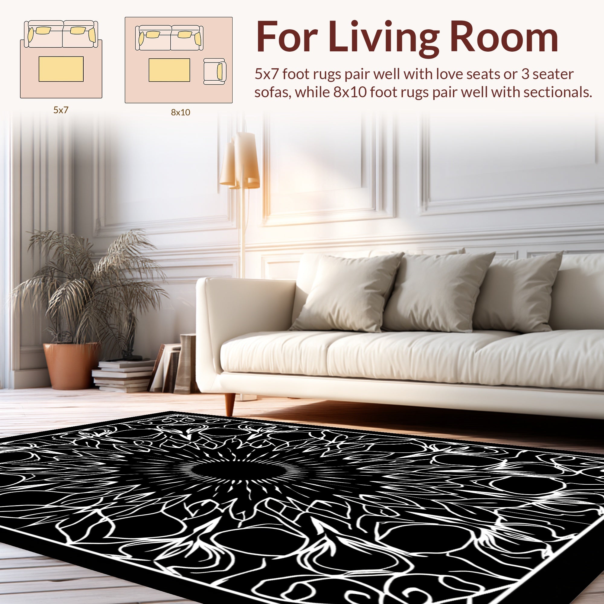 Intricate Sunburst Mandala Black and White Rug