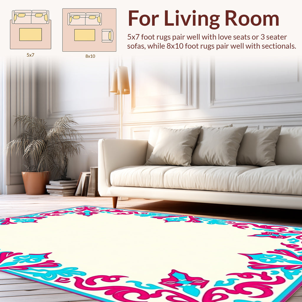Vibrant Pink Cyan Floral Scroll Border Rug
