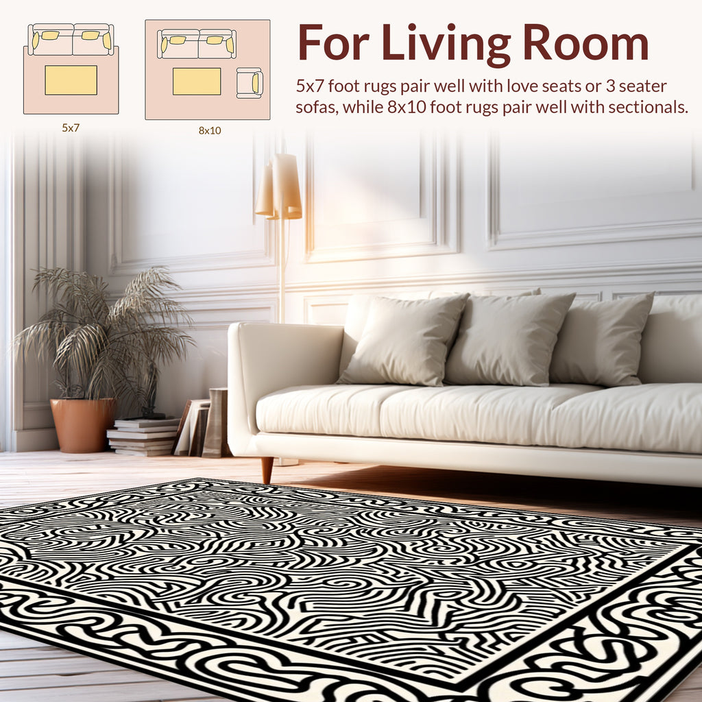 Intricate Black And White Linear Rug