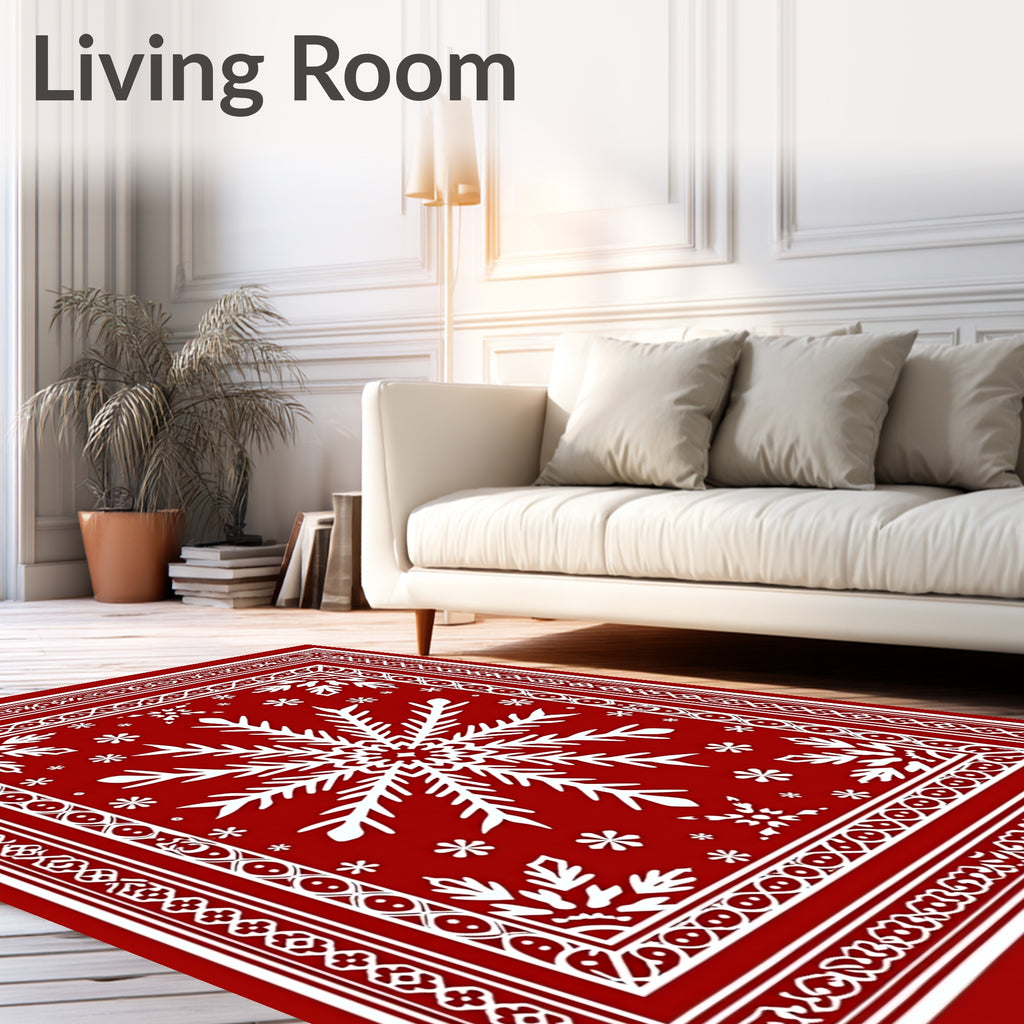 Crimson White Snowflake Classic Border Rug