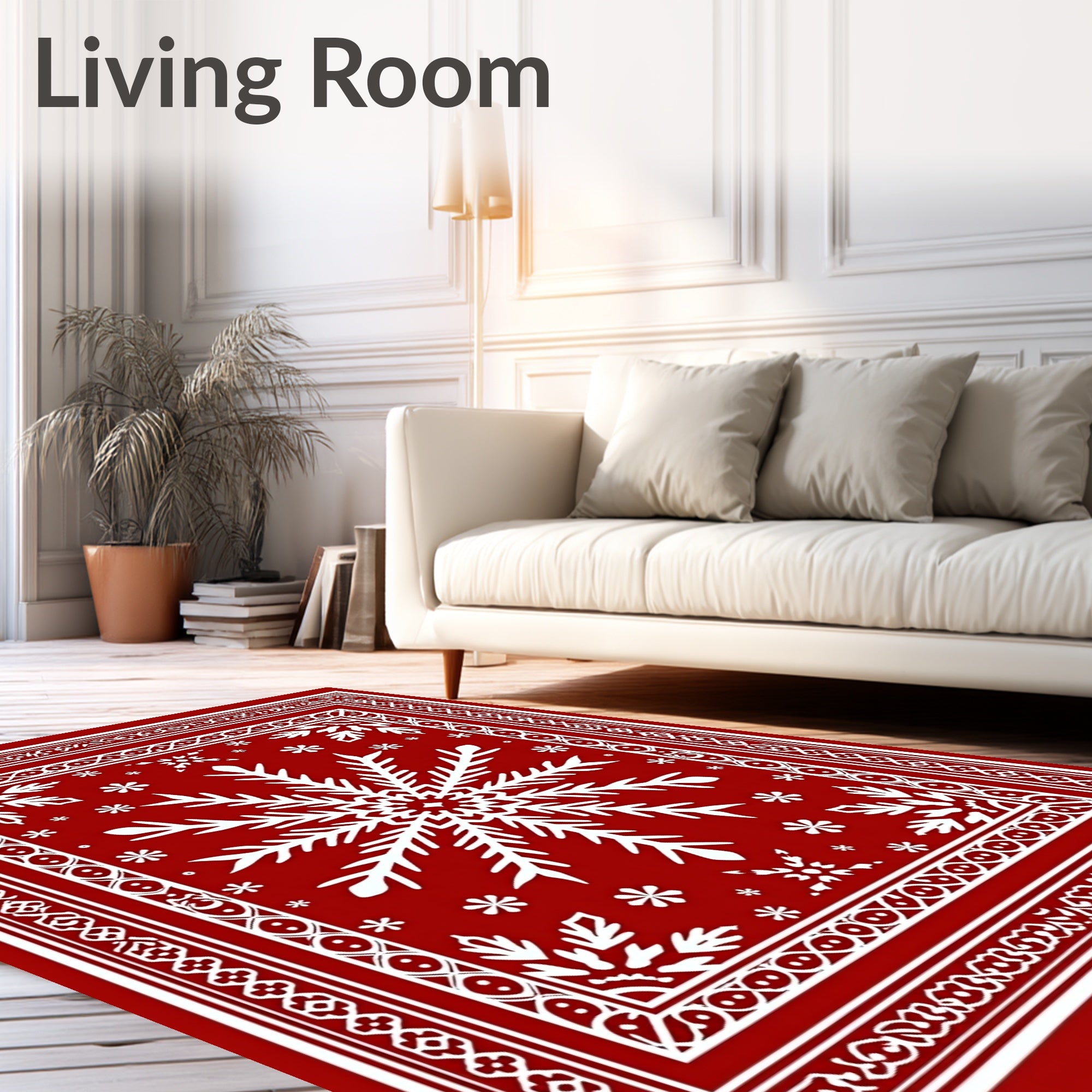 Crimson White Snowflake Classic Border Rug