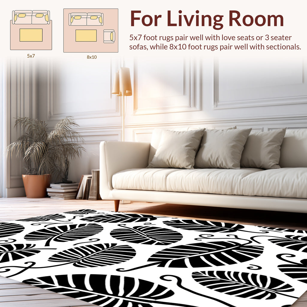 Bold Black Leaf Pattern Design Rug