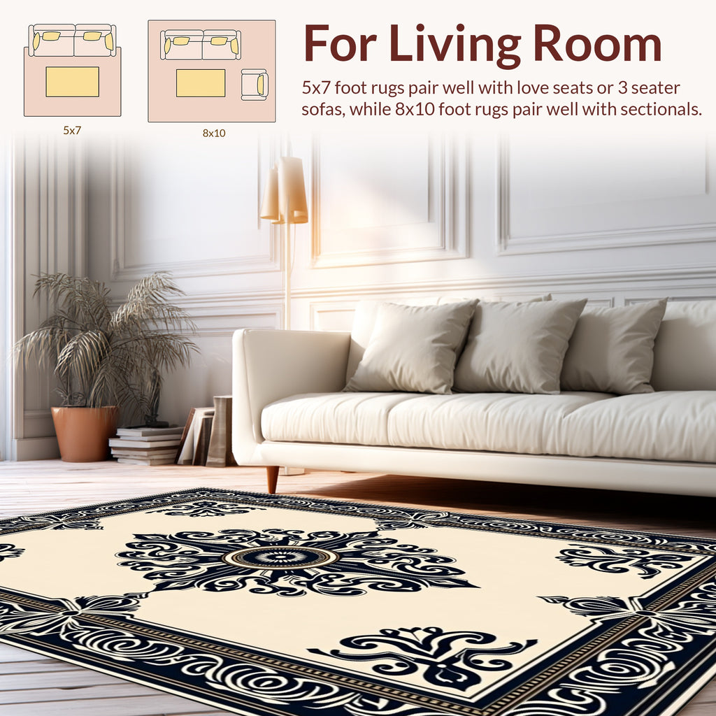 Classic Black Cream Medallion Border Rug