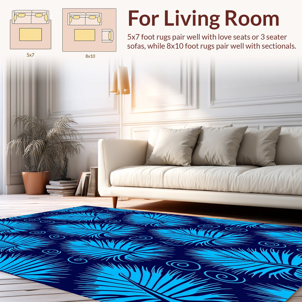 Bold Blue Palm Leaf Swirl Pattern Rug