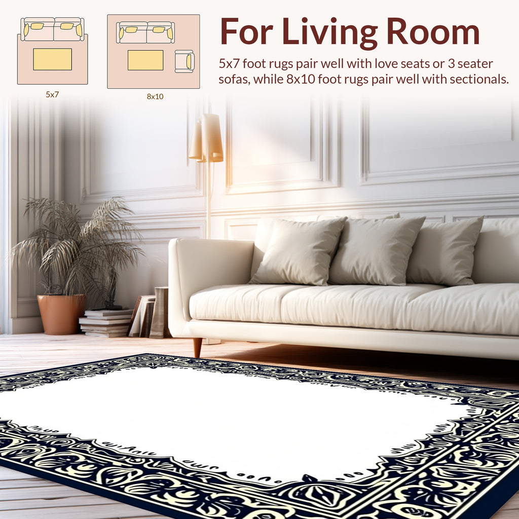 Ornate Floral Dark Navy Ivory Border Rug