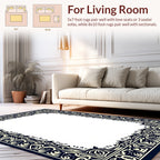 Ornate Floral Dark Navy Ivory Border Rug