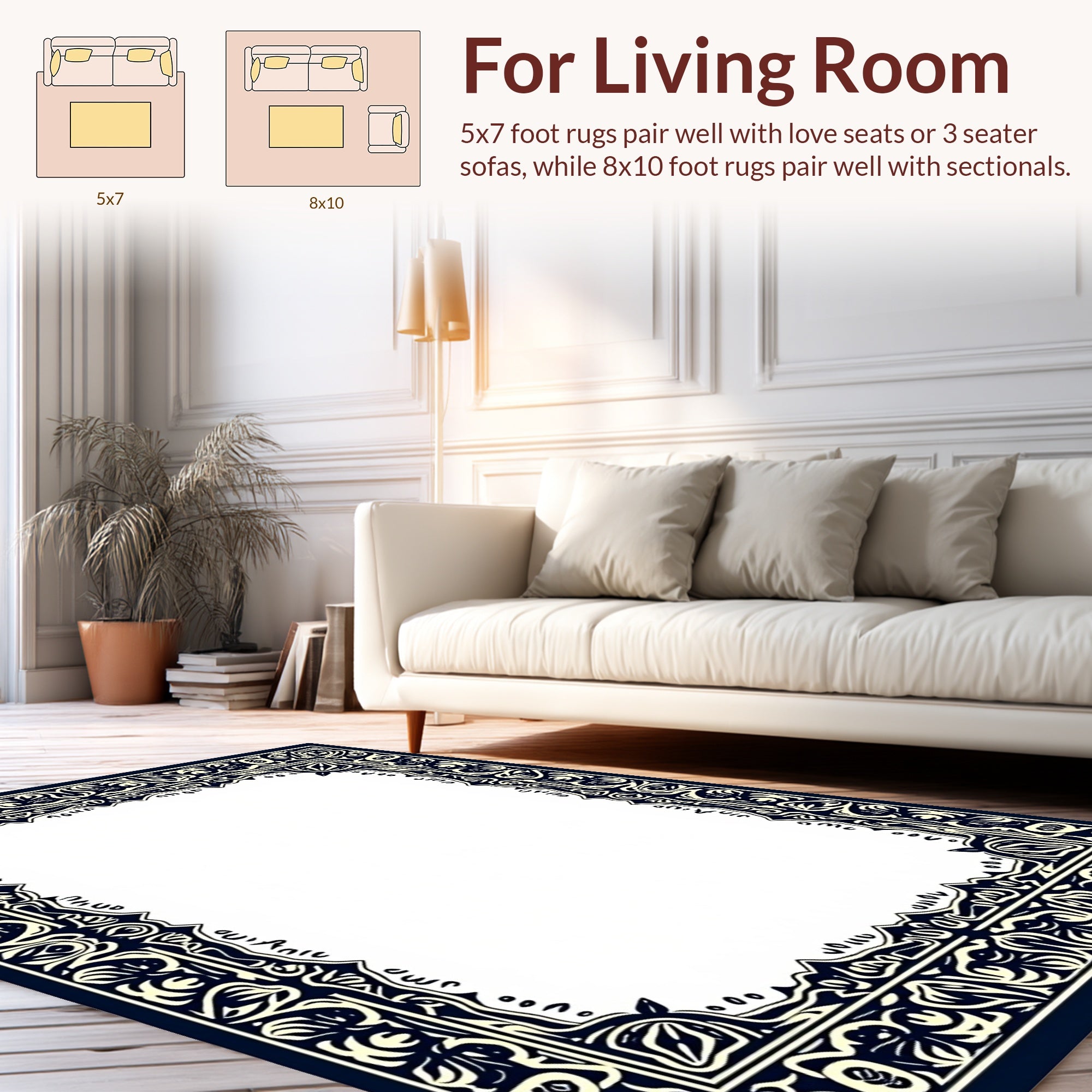 Ornate Floral Dark Navy Ivory Border Rug