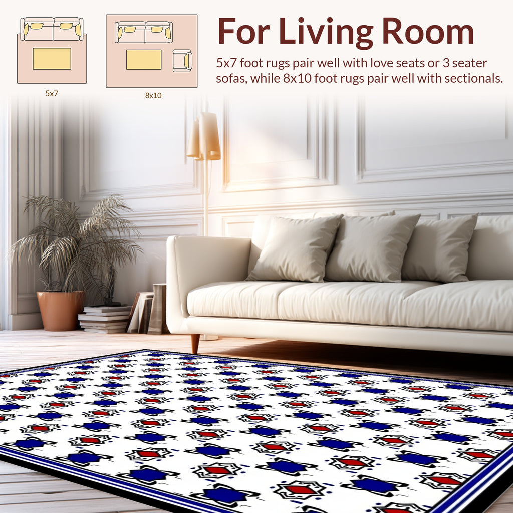 Classic Red Blue Geometric Tile Pattern Rug