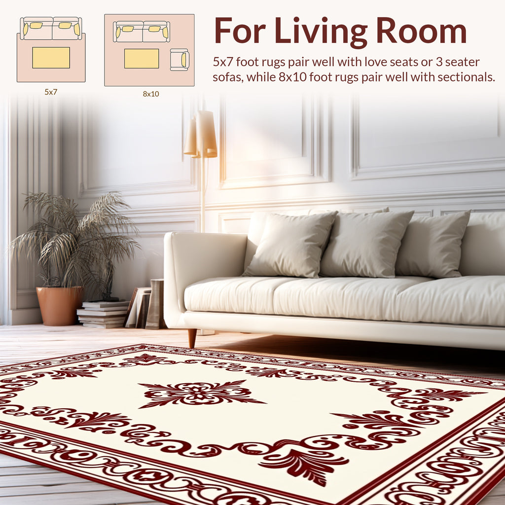 Ornate Dark Red Floral Border Design Rug
