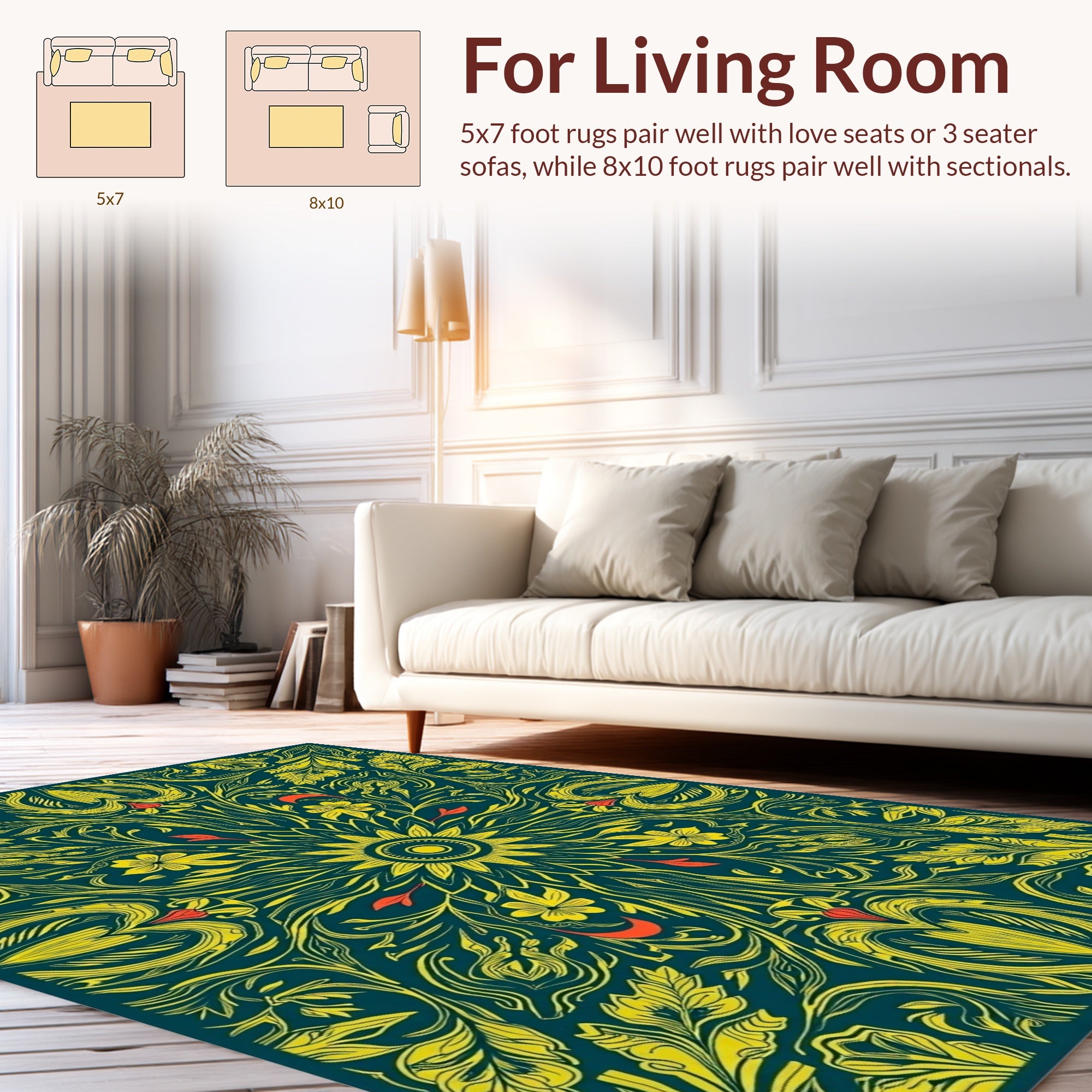 Floral Swirls Yellow Teal Rug