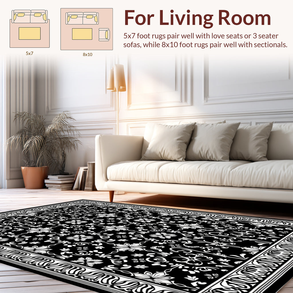 Ornate Floral Black White Pattern Rug
