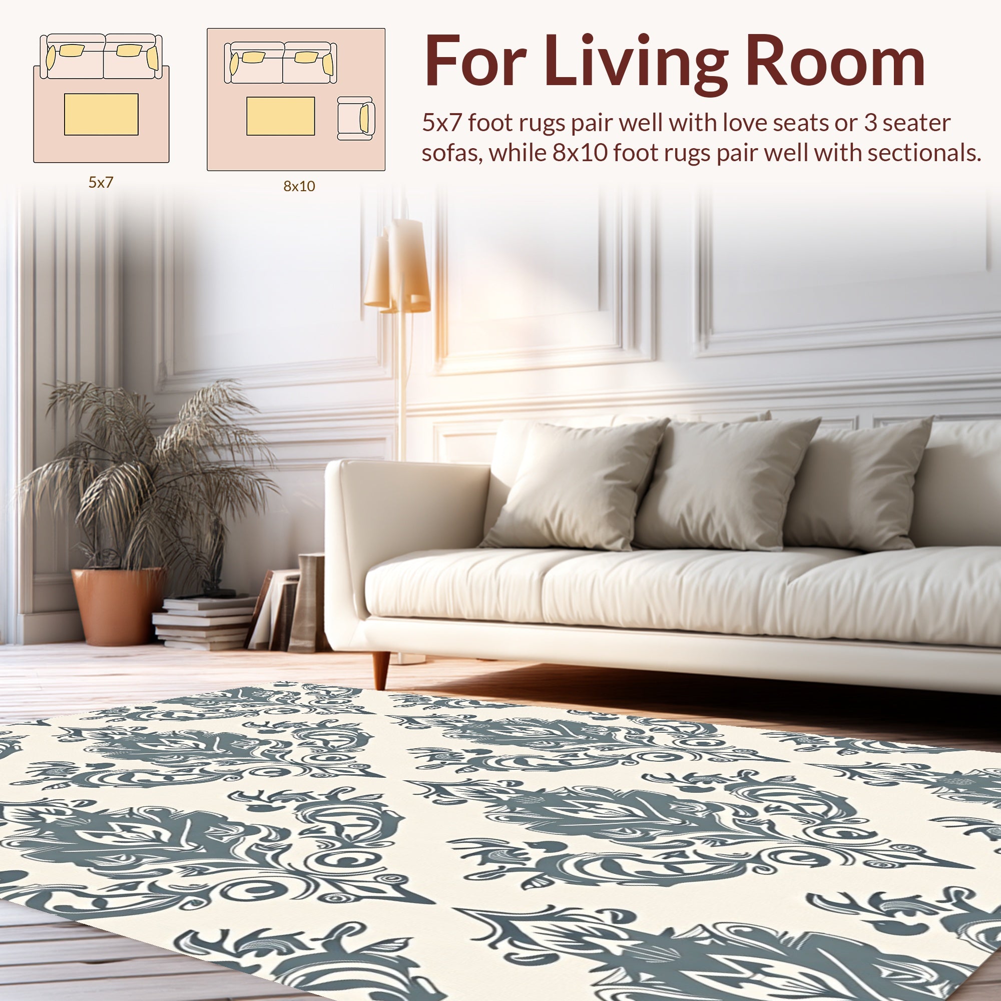 Damask Inspired Floral Scroll Pattern Rug