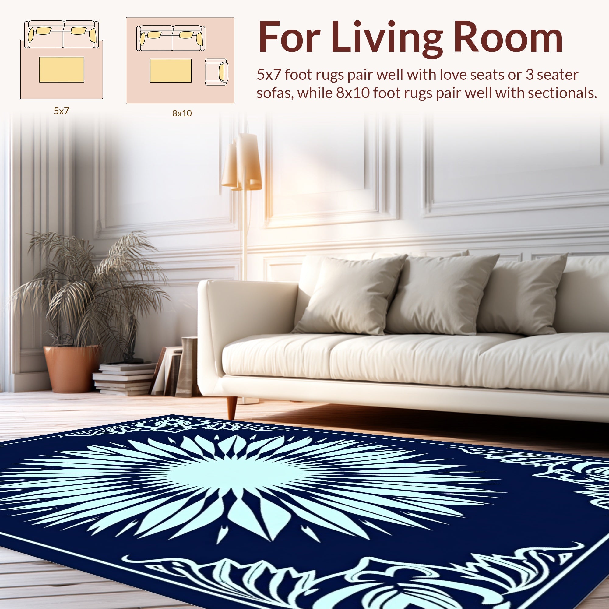 Navy Blue Sunburst Floral Frame Rug