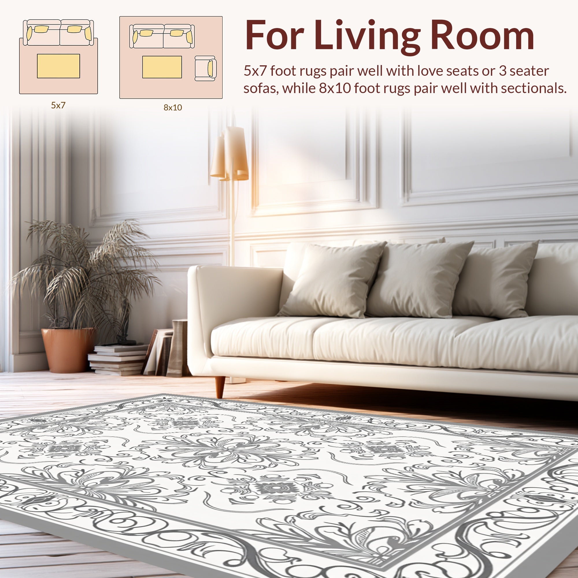 Ornate Floral Gray Border Design Rug