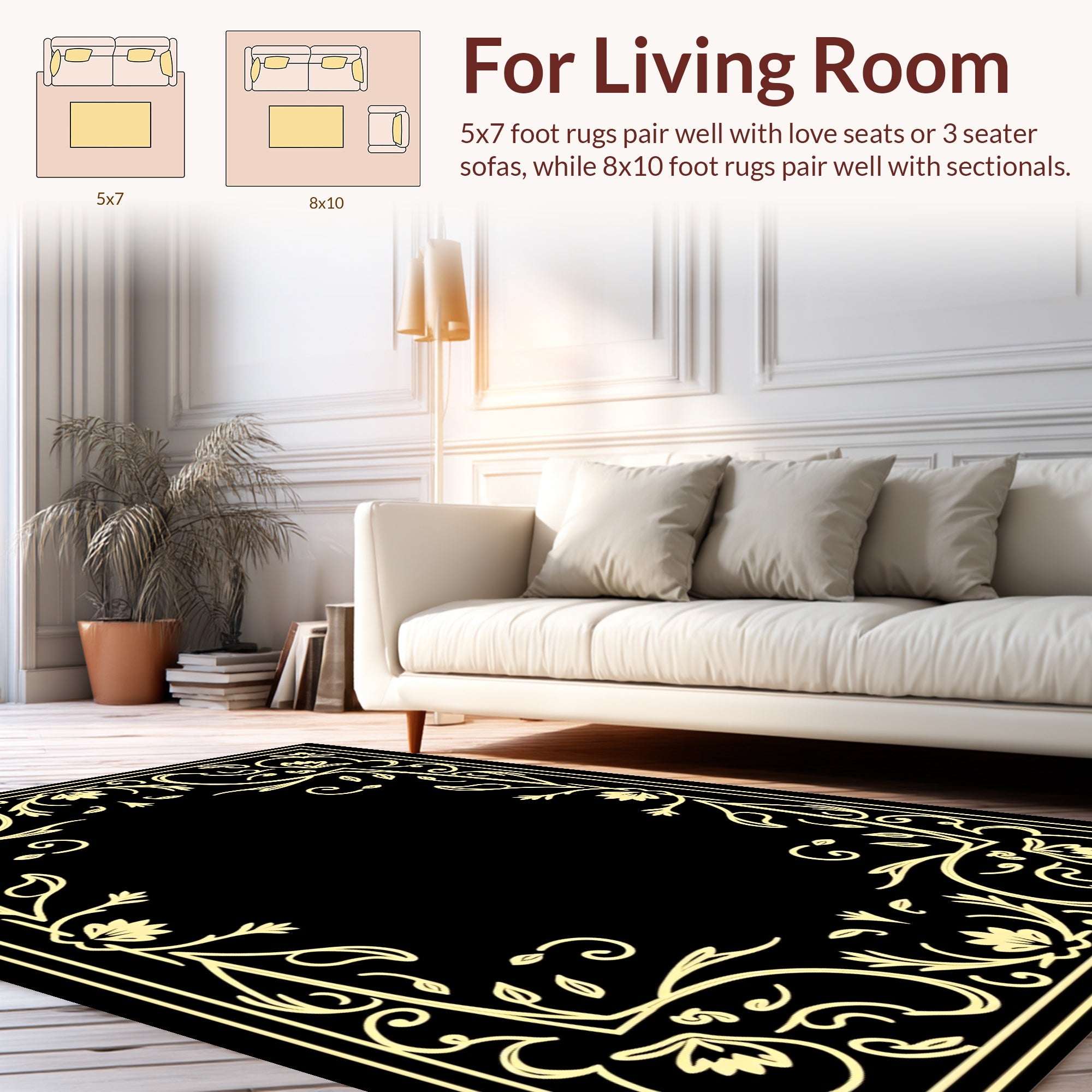 Elegant Floral Scrollwork Golden Border Rug