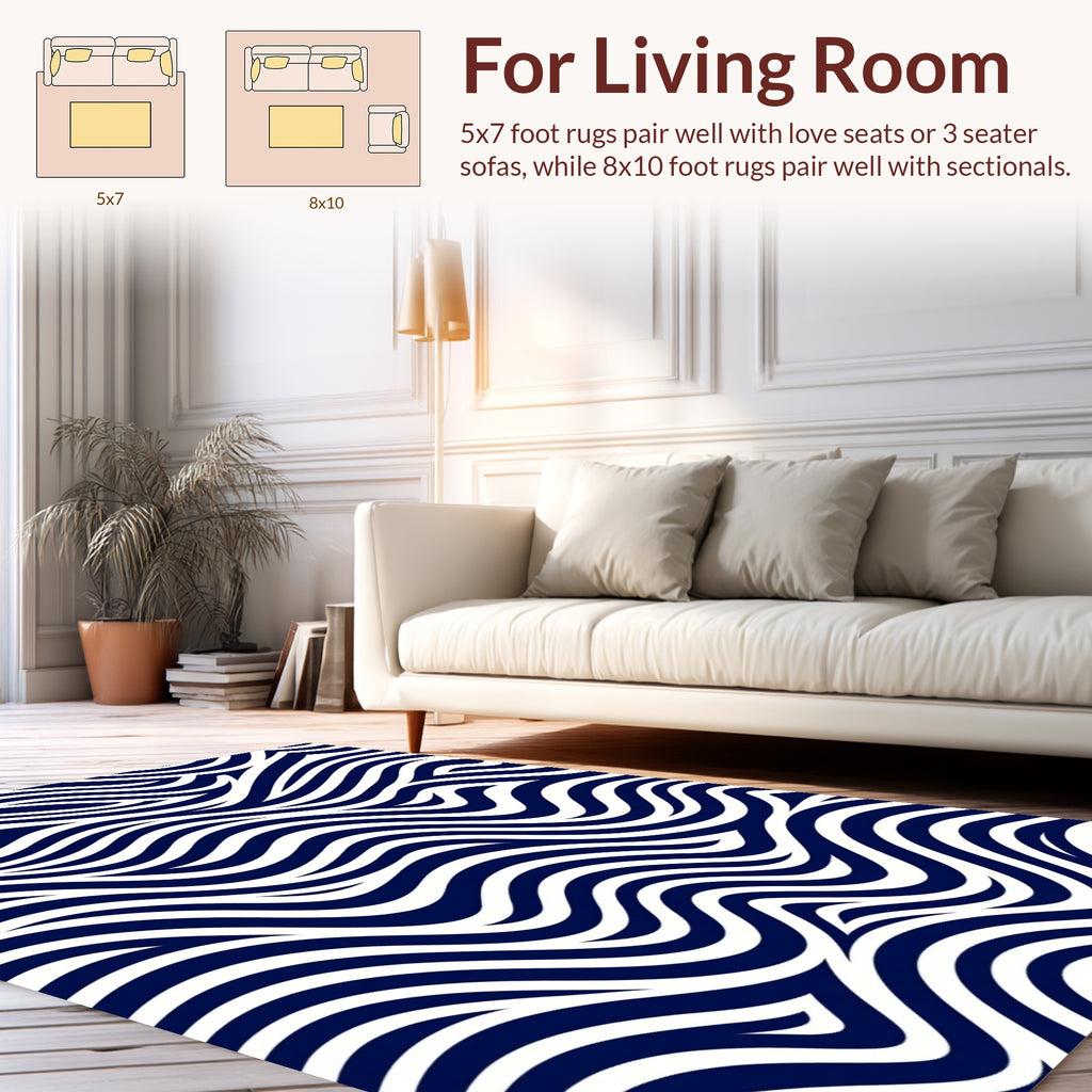 Modern Navy White Wave Pattern Rug