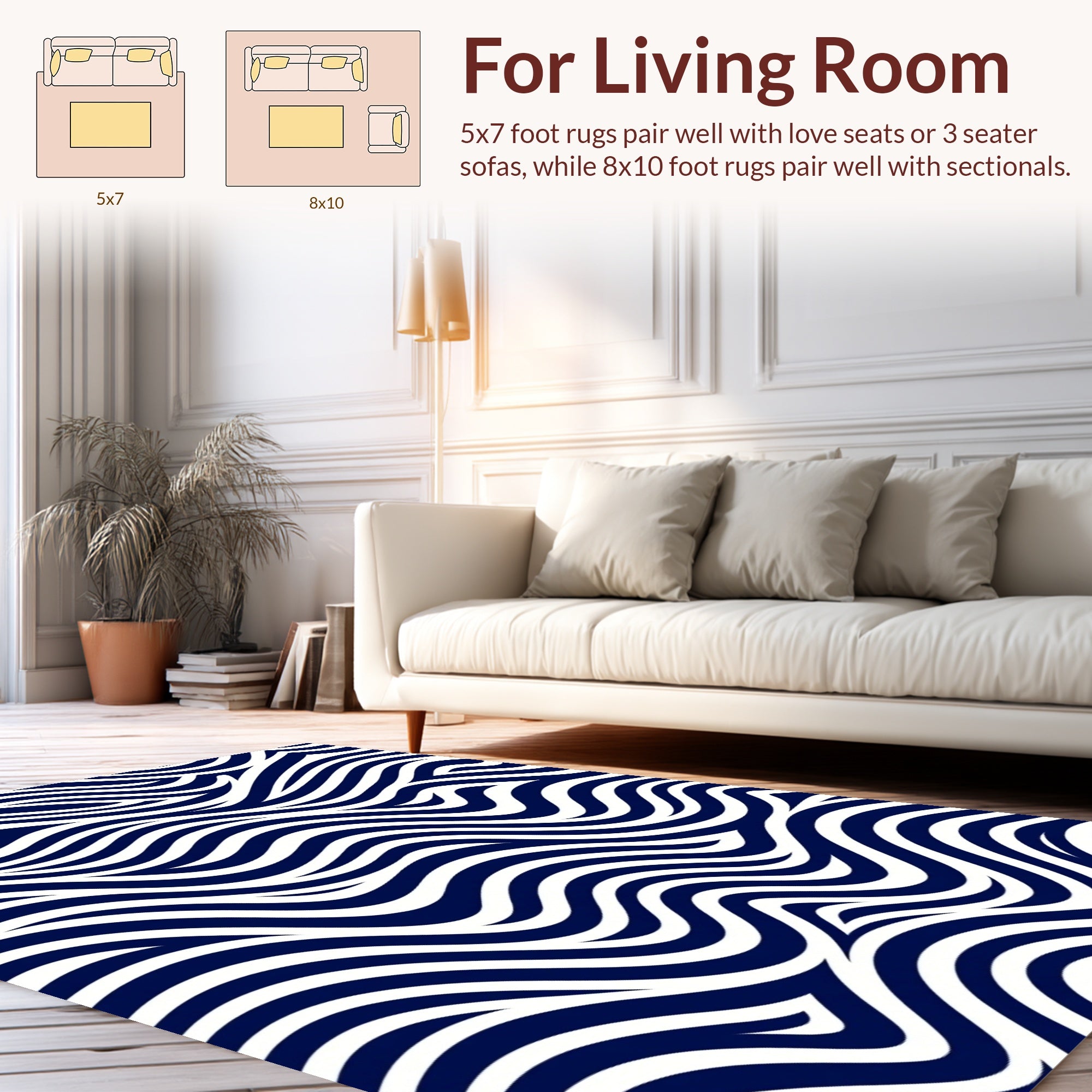 Modern Navy White Wave Pattern Rug
