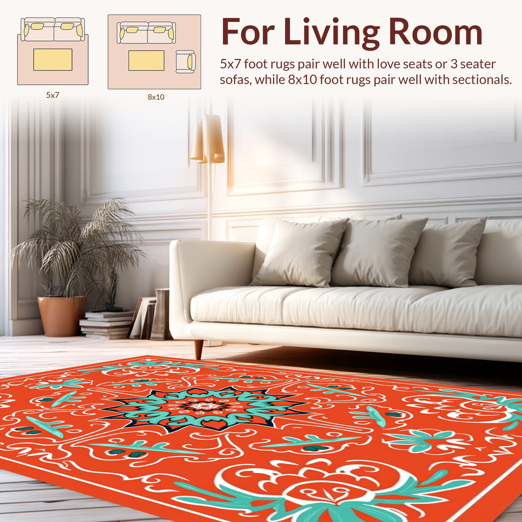Orange Teal Floral Mandala Motif Rug