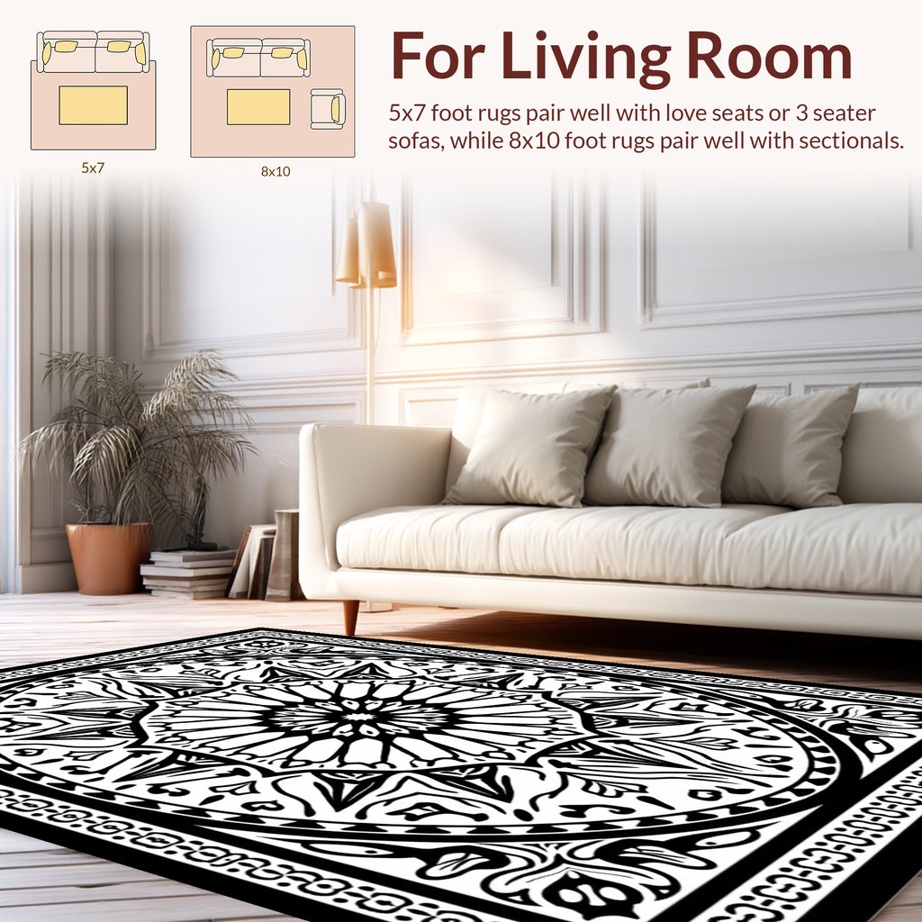 Intricate Black White Circular Pattern Rug
