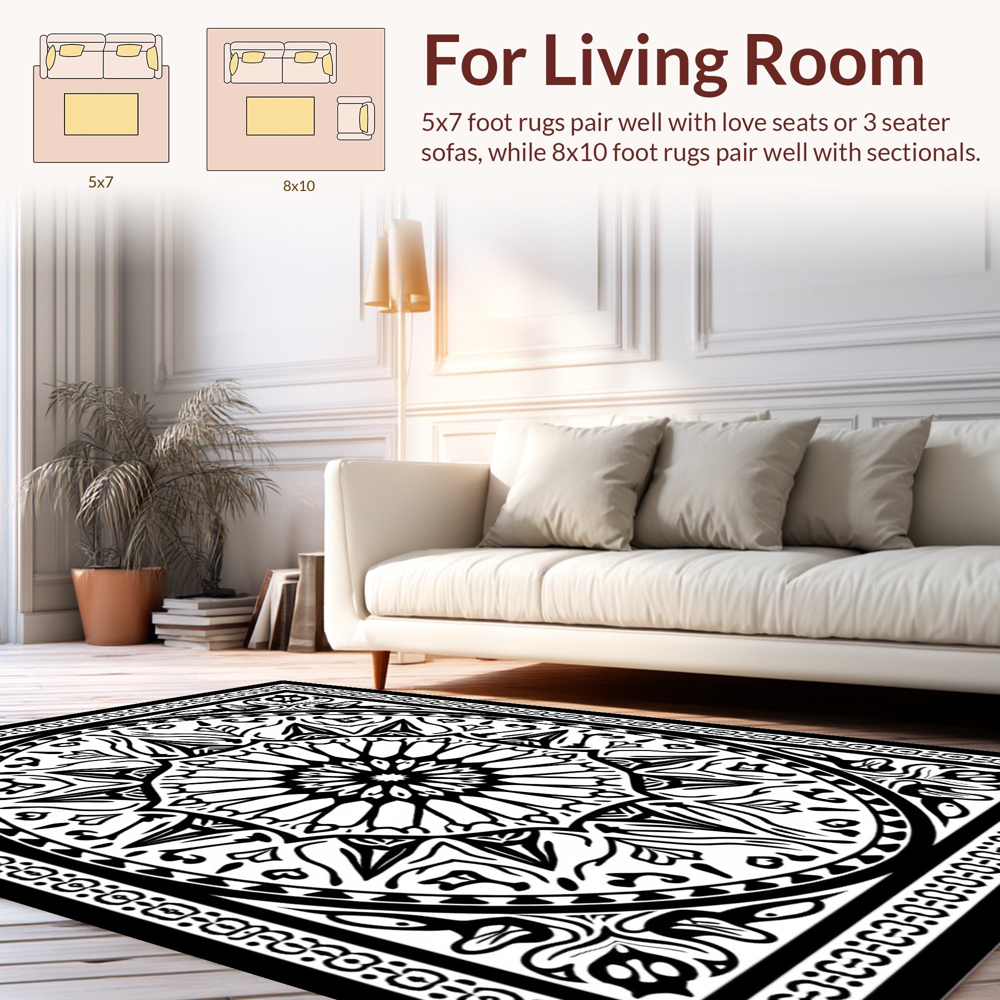 Intricate Black White Circular Pattern Rug